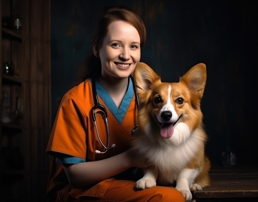 Female doctor in hospital holding corgi puppy