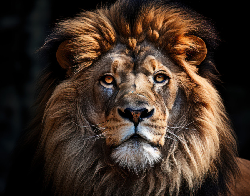 Majestic male lion gazes into the distance against a black background