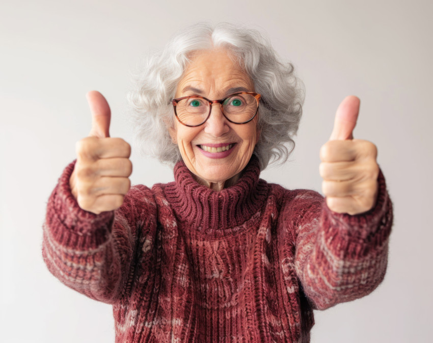 Senior woman smiling and showing thumbs up on a white background