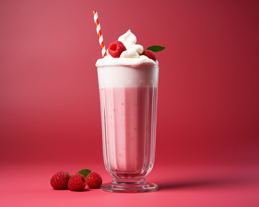 A photo of a Raspberry milkshake, beverage advertisement photography inspiration