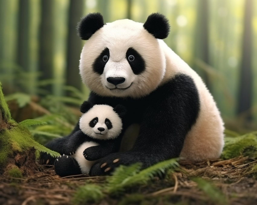A photo of a beautiful panda with a baby panda happy together in the forest full, animal in nature photography