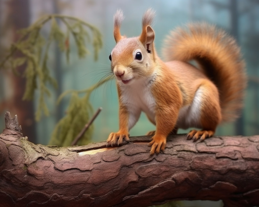 A photo of a european squirrel sitting on a tree branch in the forest full, animal in nature photography