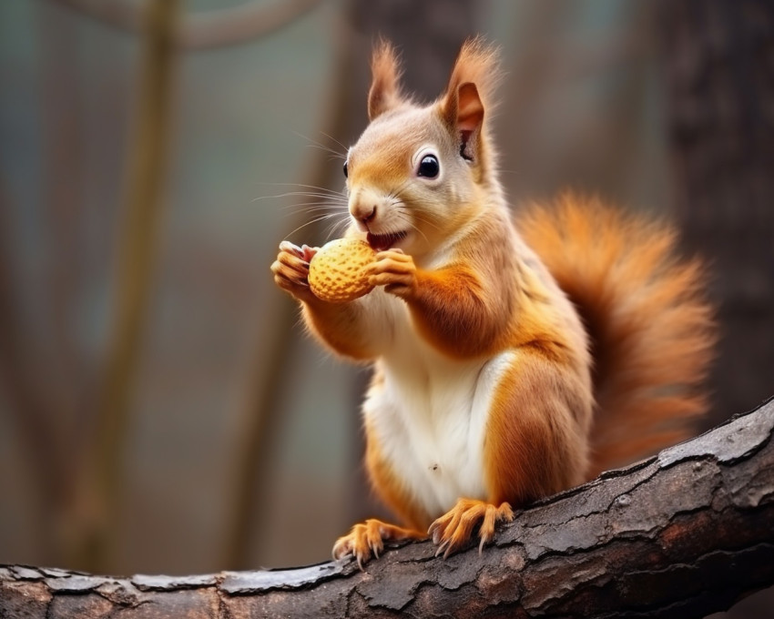 A photo of a european squirrel eating a peanut sitting on a tree branch in the forest, animal in nature photography