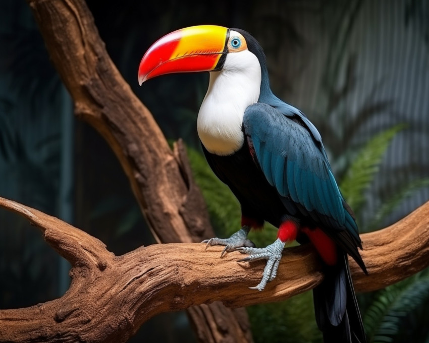 A photo of a Multi colored toucan perched on sitting on a tree branch in the forest, royalty-free bird stock image