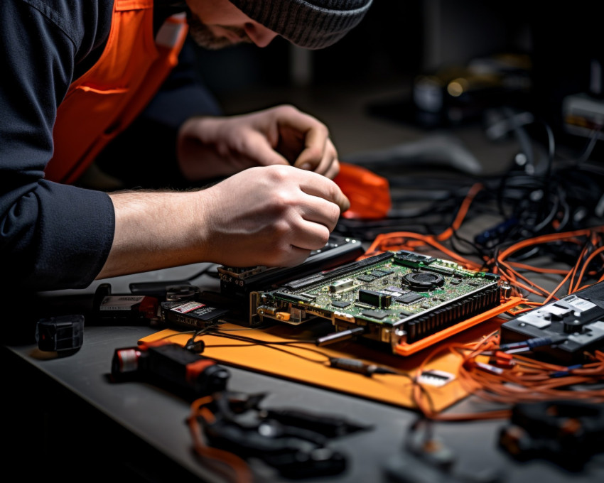 A photo of a technician repairing broken laptop notebook computer with screwdriver, free AI prompts for computer and communication