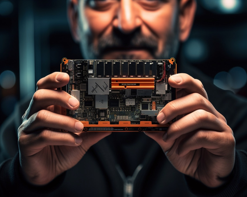 A photo of a man is holding a ram slot to upgrade of the computer, free AI prompts for computer and communication