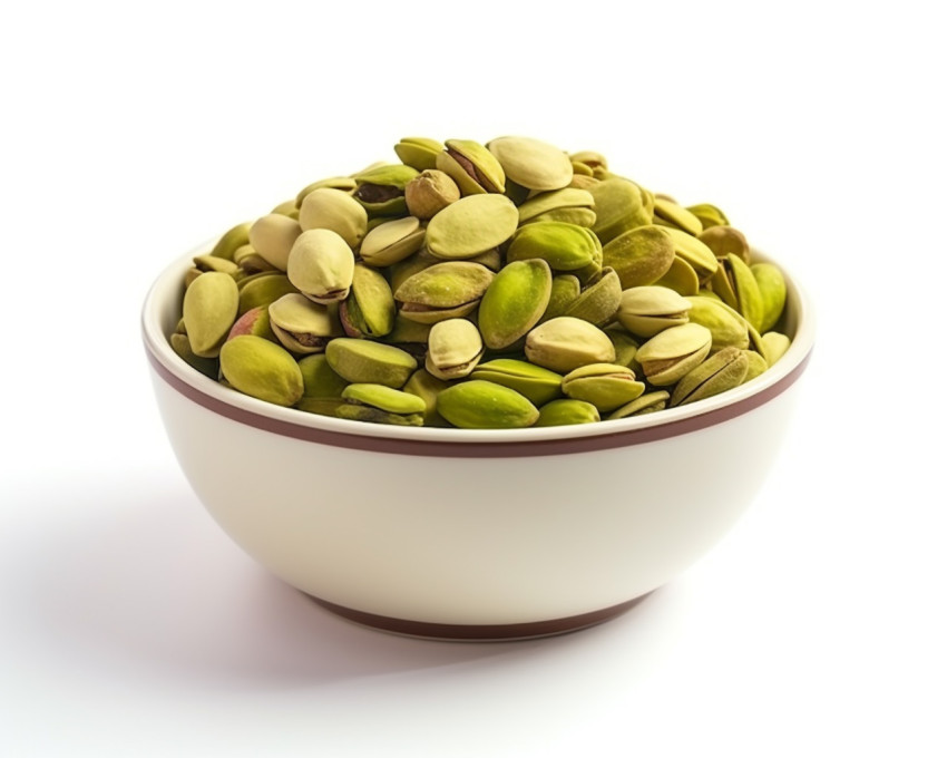 a bowl of pistachios is arranged on a white background