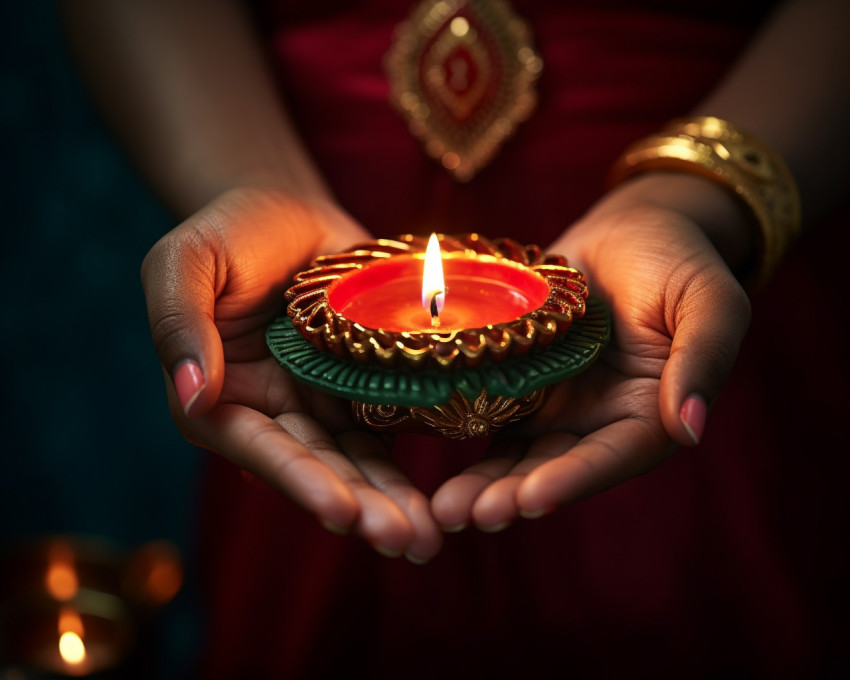 Indian hands holding a candle during diya