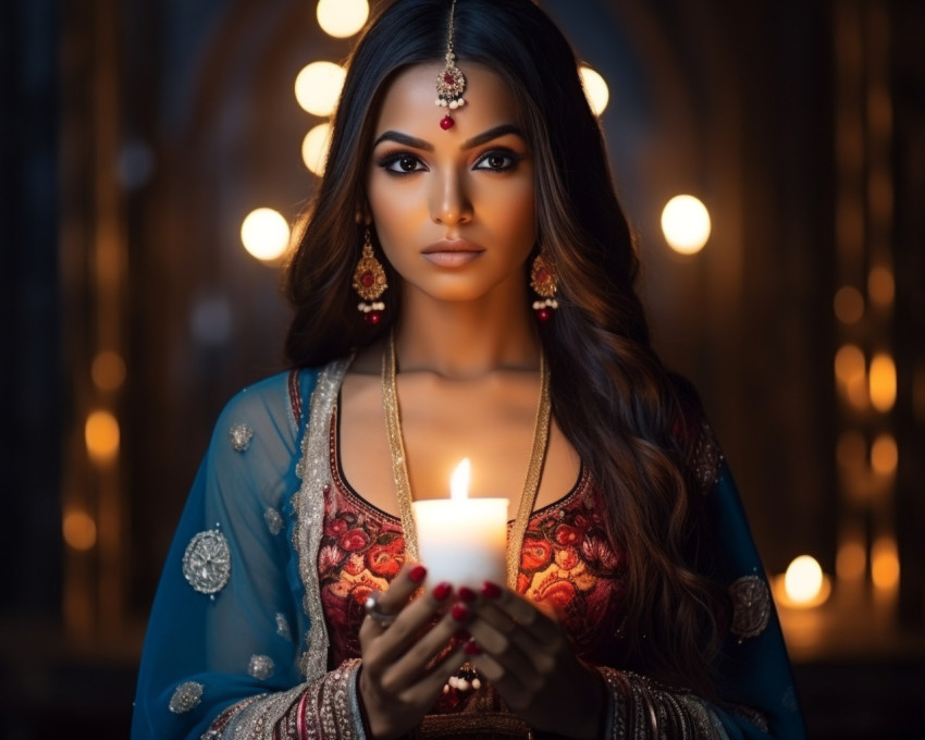 a woman wearing traditional attire is holding a candle