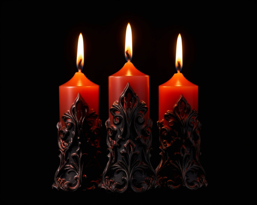 three lit candles facing each other black background three lit candles facing each other black background