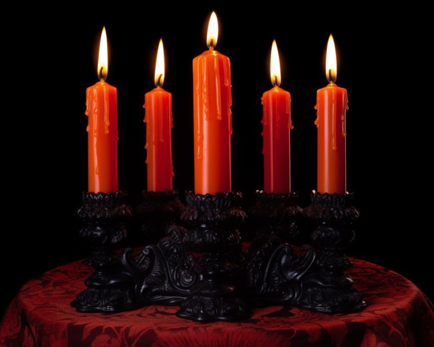 Three Candles Facing Each Other on a Darkened Table Three Candles Facing Each Other on a Darkened Table