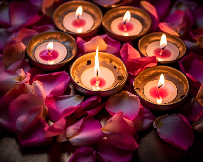 an image showing several burning diyas in the middle of petal pe an image showing several burning diyas in the middle of petal pe