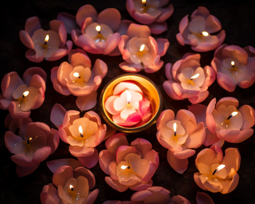 Burning diyas surrounded by flowers Burning diyas surrounded by flowers