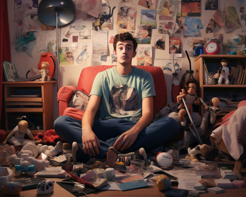 Person with bipolar disorder surrounded by objects