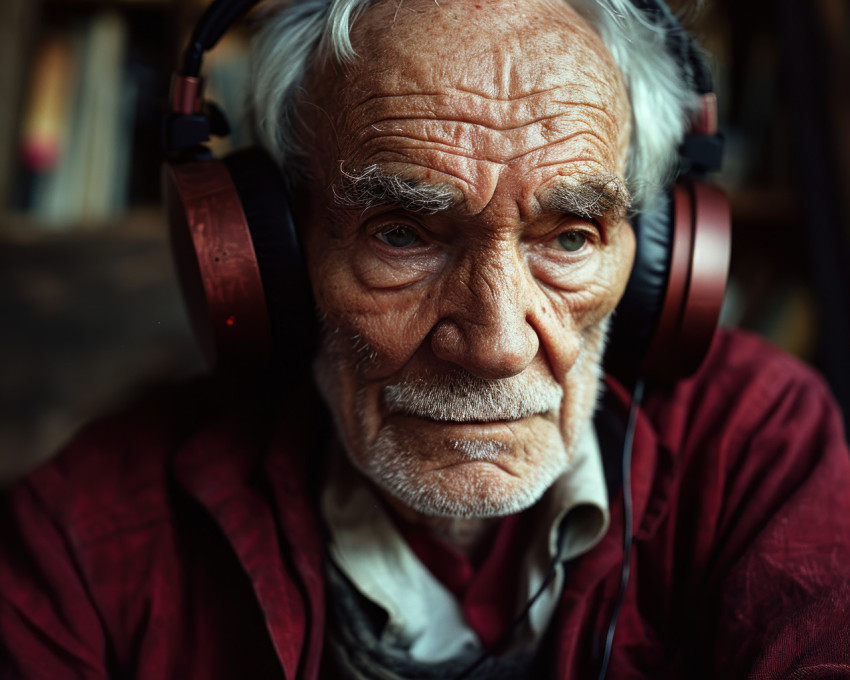 An older gentleman wearing headphone