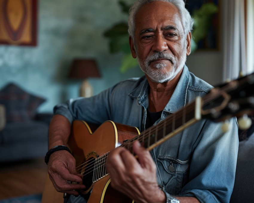 Elderly gentleman playing guitar in his living room