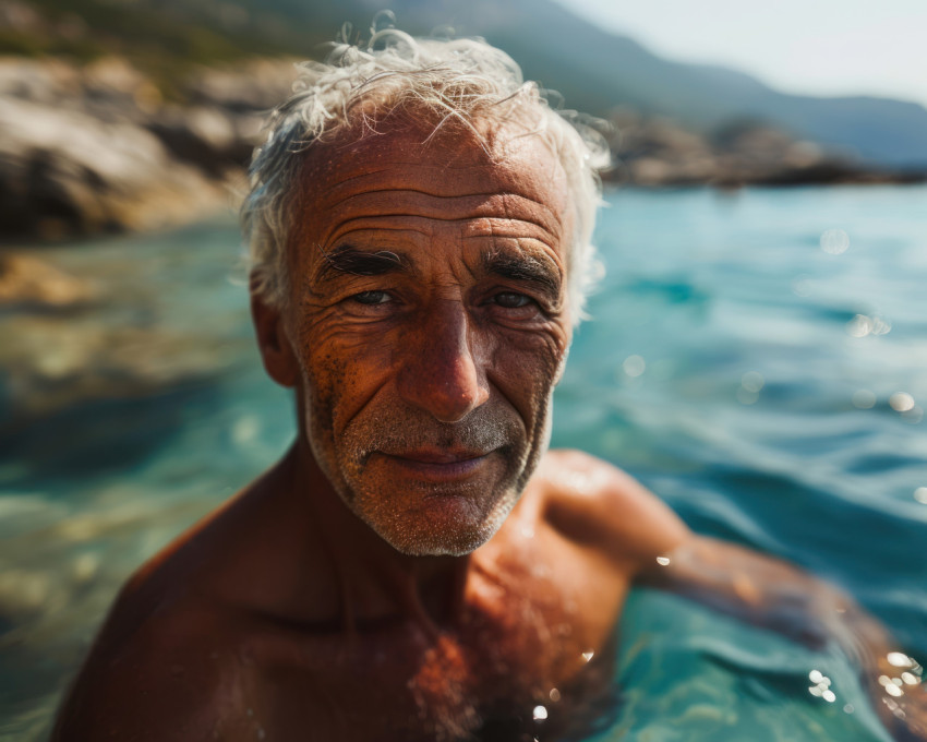 Joyful senior man enjoying the ocean