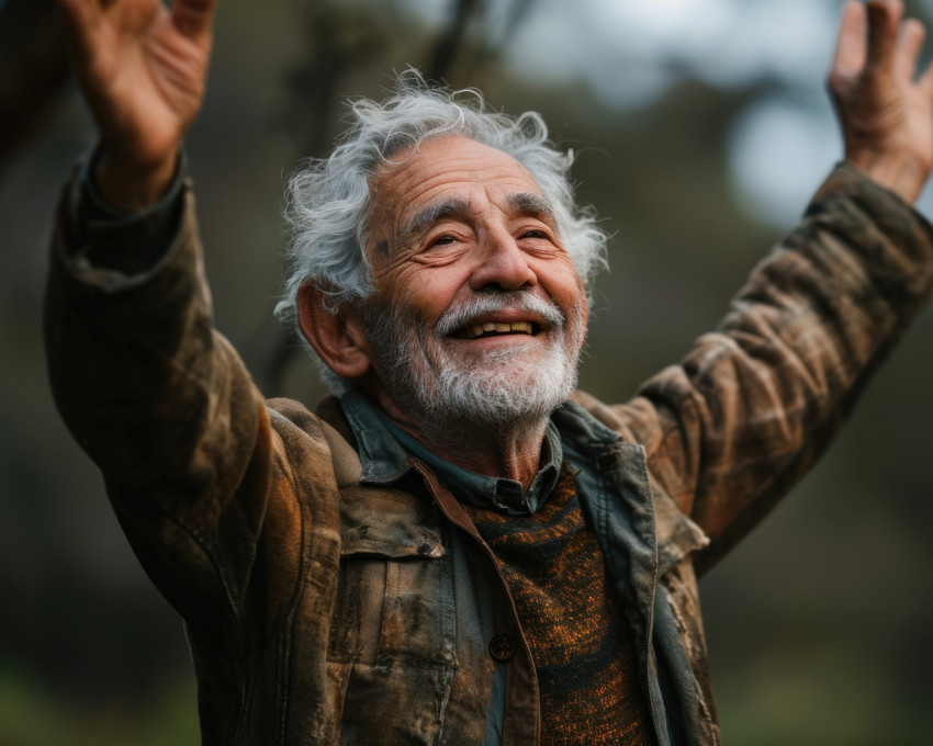 An elderly man joyfully raises his arms in the air