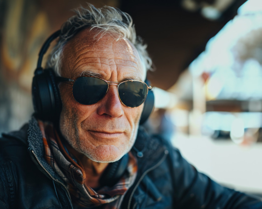 Elderly man enjoying tunes with sunglasses and headphones