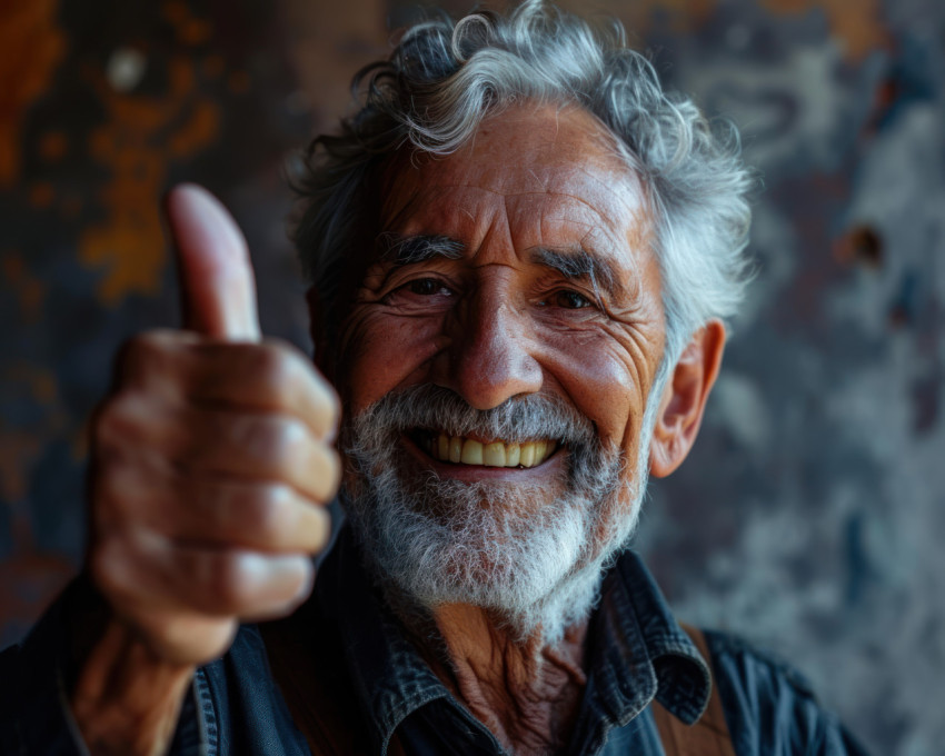 An elderly man joyfully showing a thumbs up with a big smile