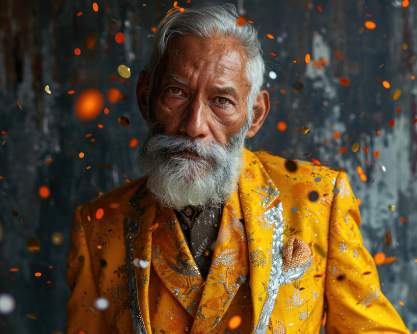 Joyful senior gentleman celebrates in a yellow suit with confetti