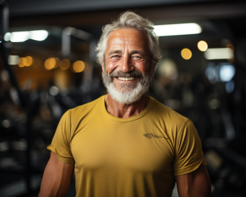 Senior man with gray hair in gym