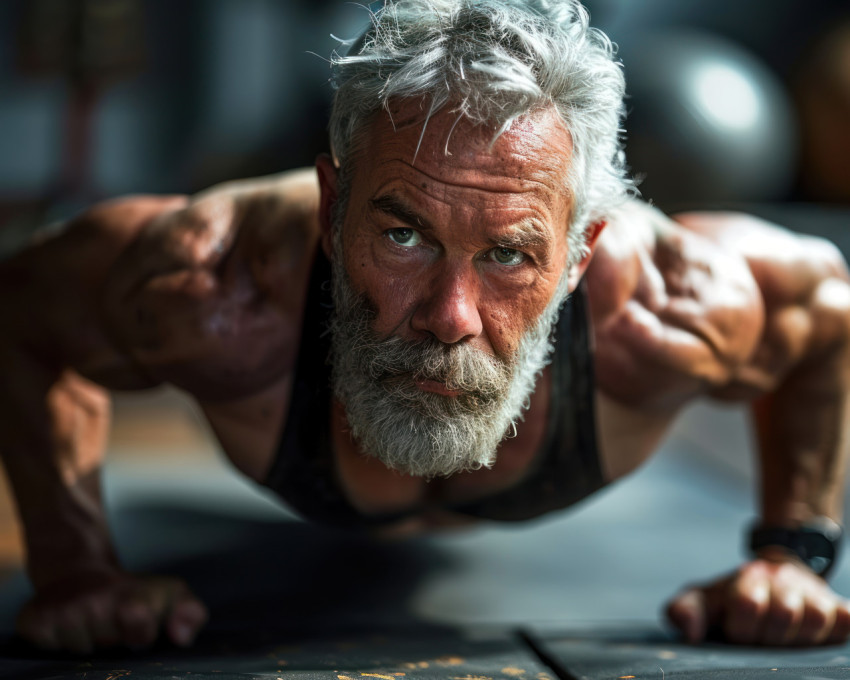 Active senior doing push ups at the gym