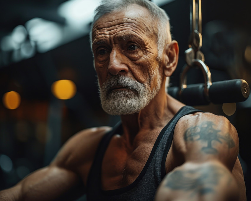 Senior man in a bodybuilder at gym