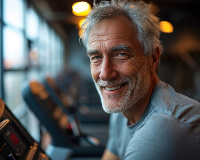 Happy elderly gentleman enjoying treadmill exercise