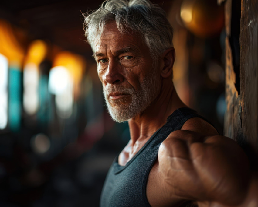 Fit grandpa posing confidently in a gym