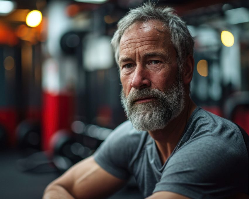 An active grandpa with a beard staying healthy at the gym