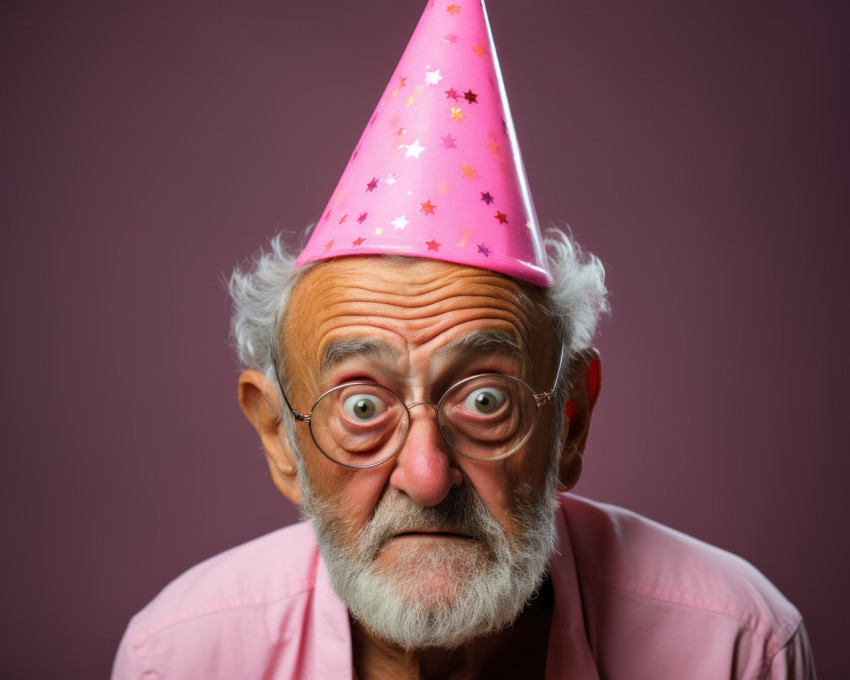 Aged man in party hat against pink background