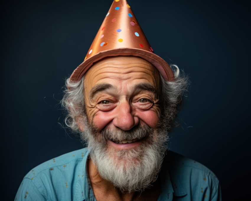 Celebrating with hat on vibrant blue backdrop