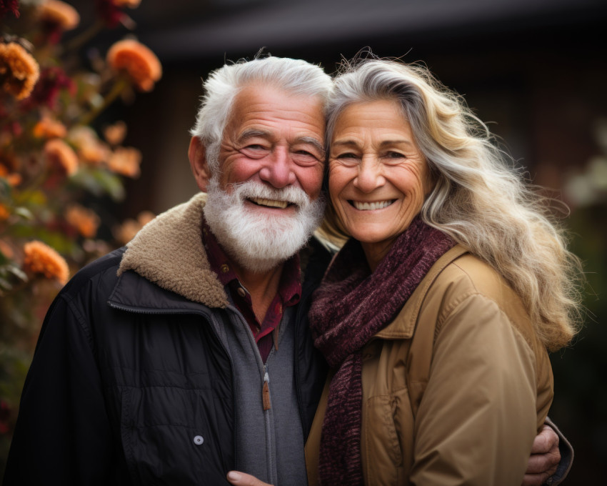 Senior couple embracing the outdoors with smile