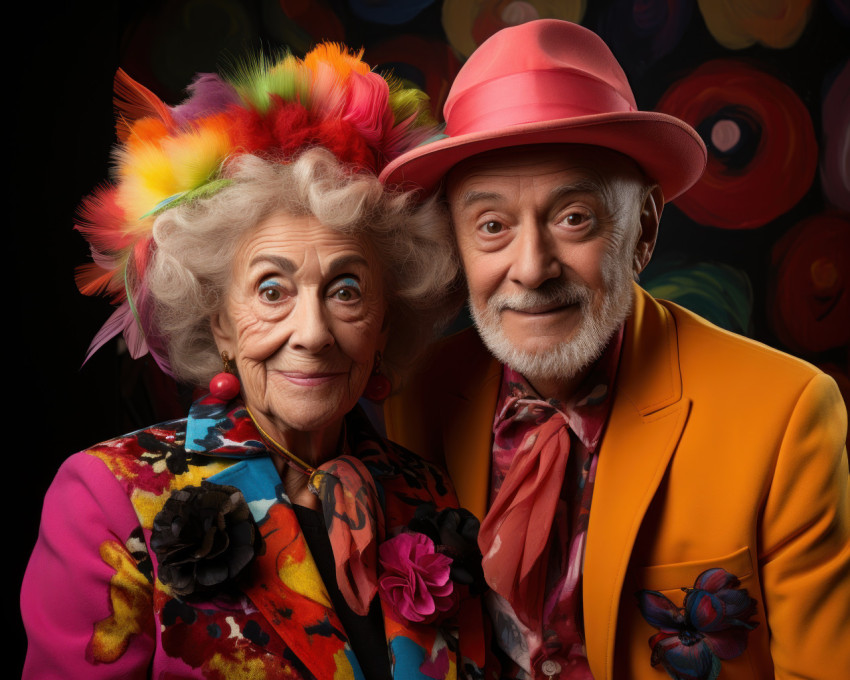 Old couple embracing vibrant clothing