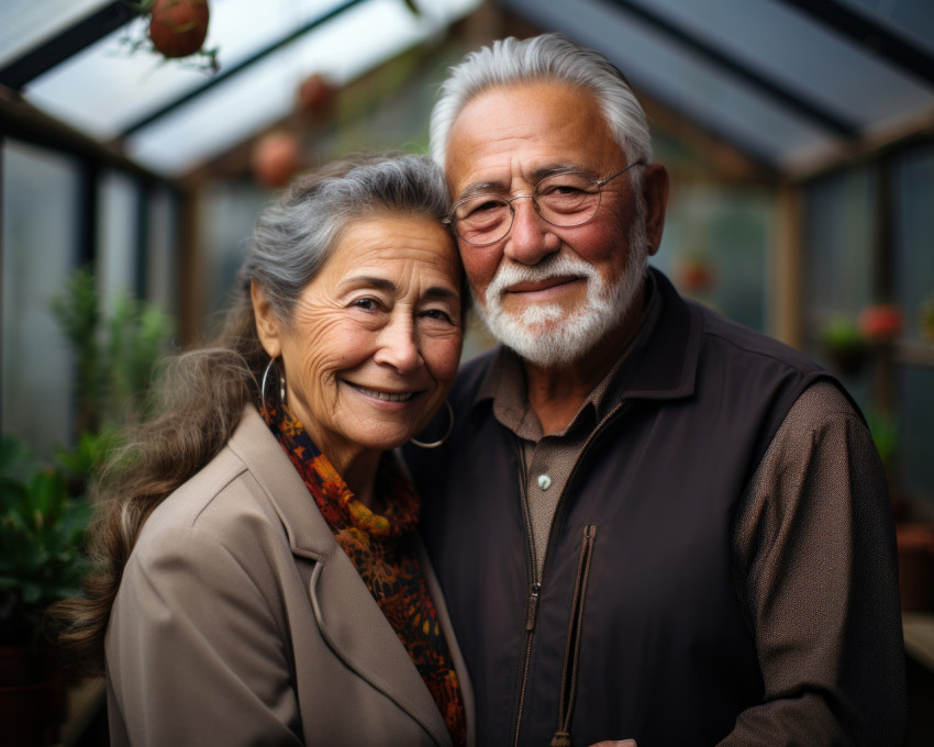 Elderly pair amidst greenhouse