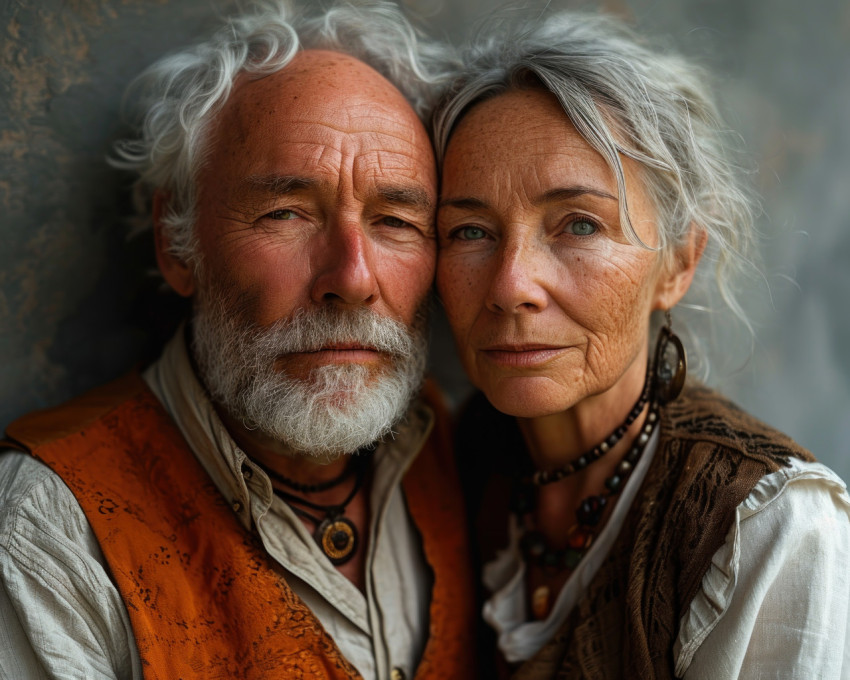 Elders couple posing together against grey wall