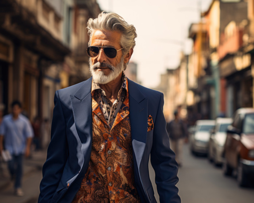 Fashionably dressed old man enjoying city stroll in suit