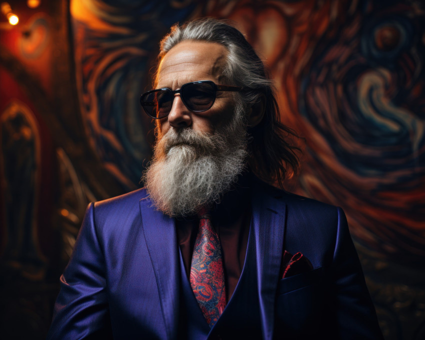 Old man showcasing style in suit and eyewear