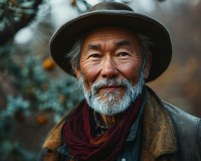 Cheerful grandfather in beard and hat at the park