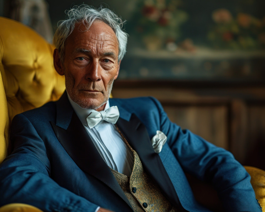 An elegant older man in a tuxedo relaxes on a vibrant yellow chair