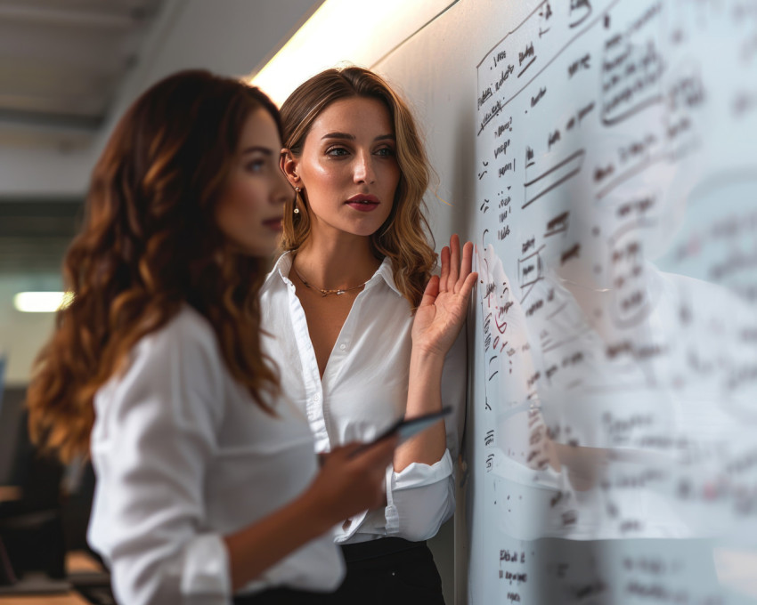 Two female colleagues standing by a whiteboard