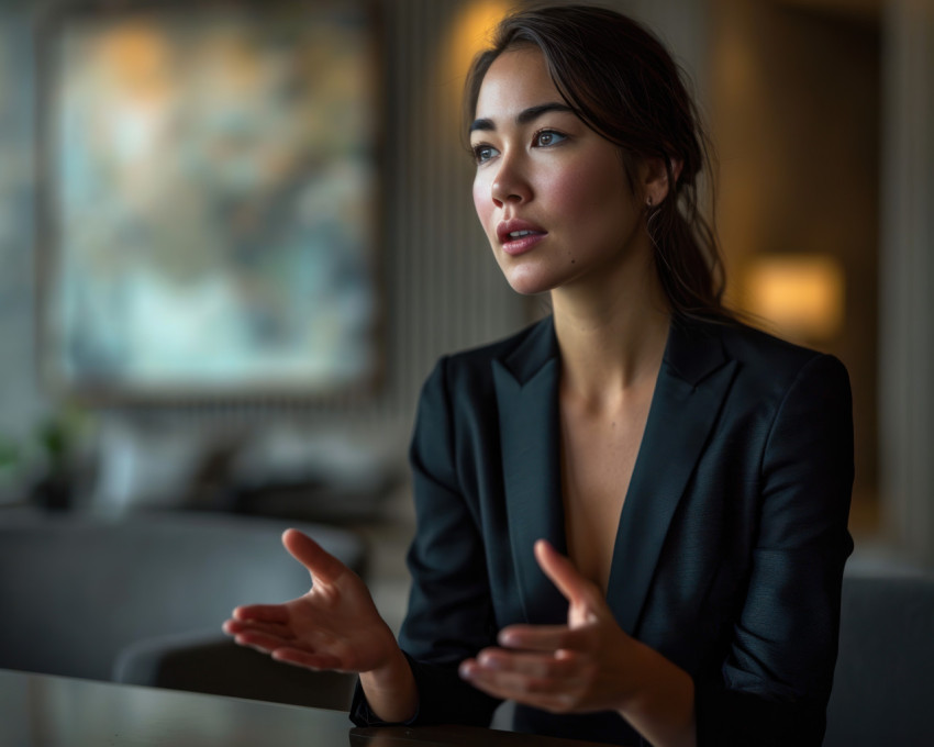 A serious woman discussing important matters at a table