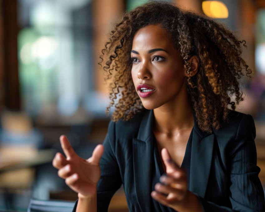 A confident businesswoman discussing ideas in a board meeting