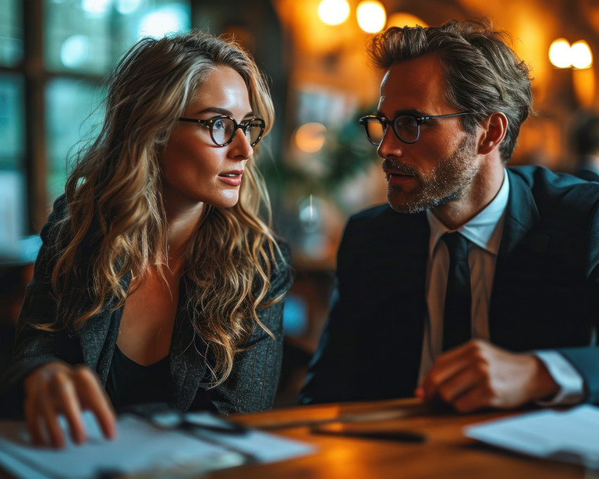 Two business professionals in a focused conversation