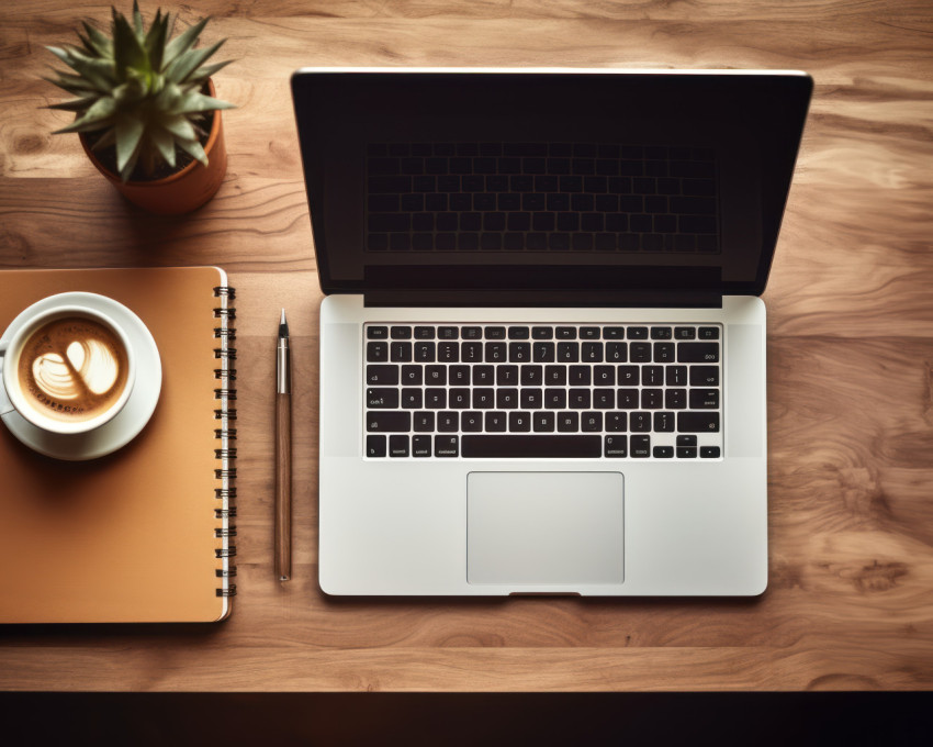 Laptop phone pen and coffee on a wooden background