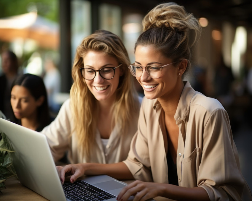 Female business team smiling and engaged in laptop discussion