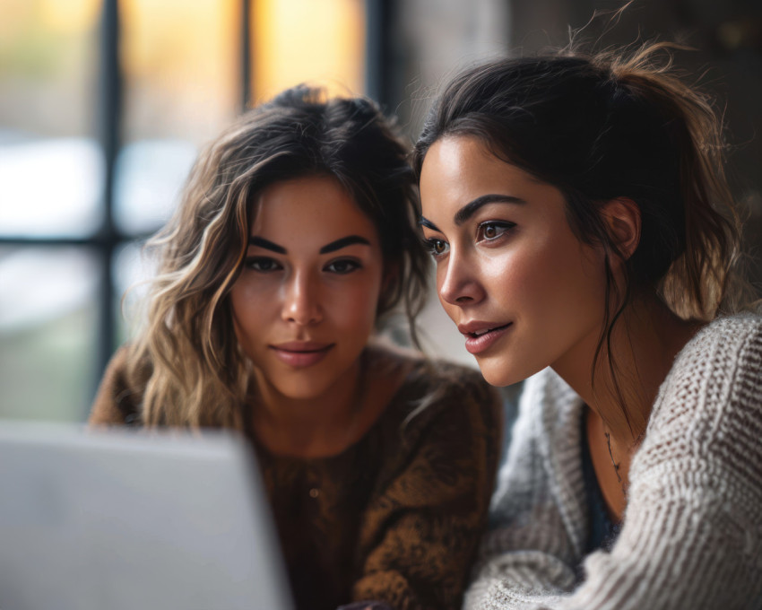 Two women talking near a laptop