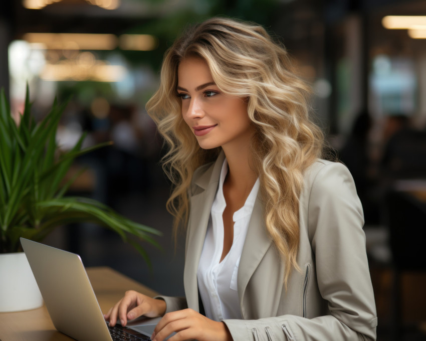 A determined business professional working on a laptop in her workspace