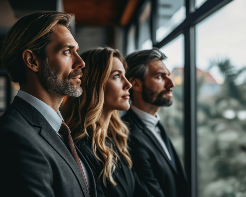 Colleagues in business clothes pose together for a team photo at work